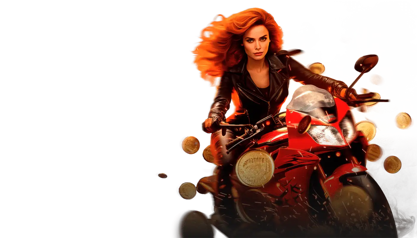 1GO Casino Bonus – Motorradfahrerin mit Münzen